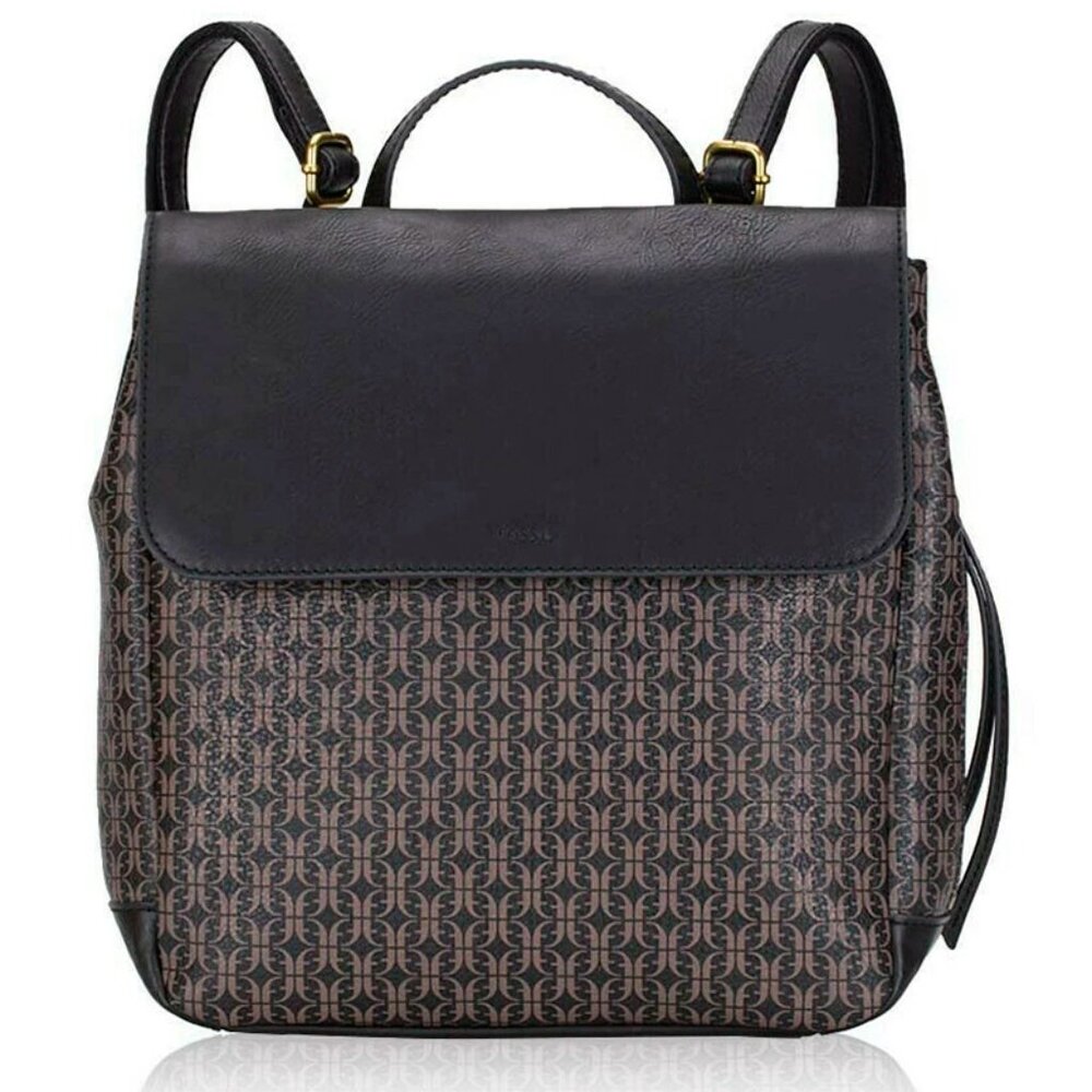 S Fossil Claire Black Brown Signature Flap Backpack SHB2346015 NWT $138 Retail